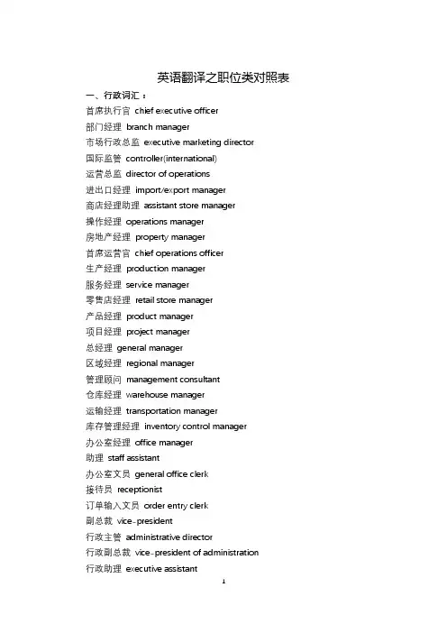 英语翻译之职位类对照表