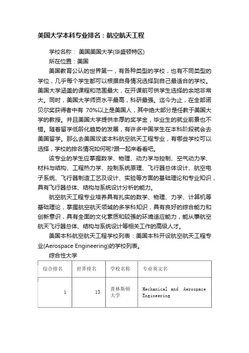 美国大学本科专业排名：航空航天工程