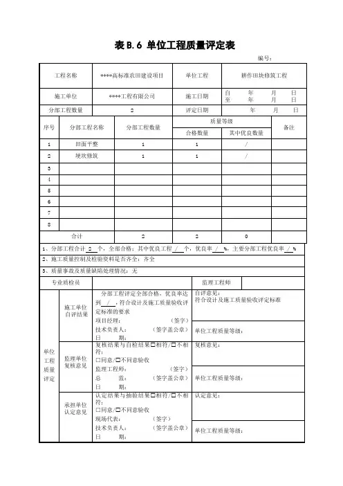 高标准农田单位工程质量评定表