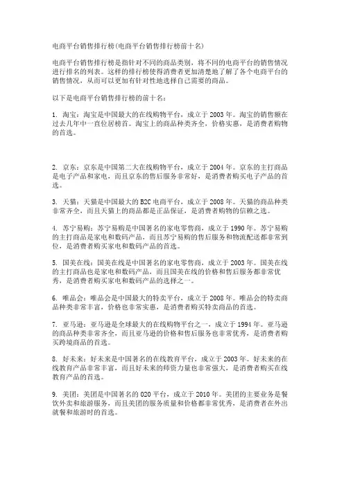 电商平台销售排行榜(电商平台销售排行榜前十名)