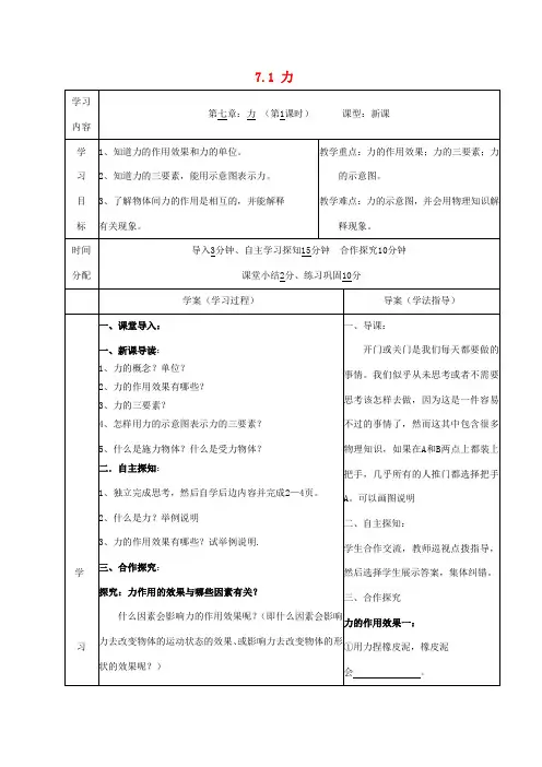 陕西省山阳县色河中学八年级物理下册 7.1 力导学案2(无答案)(新版)新人教版