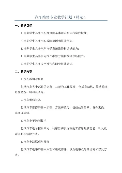 汽车维修专业教学计划(精选)