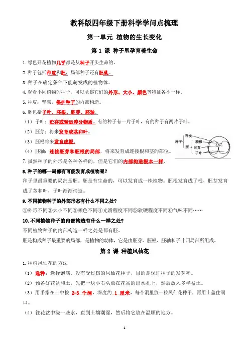 2023年新教科版四年级下册科学全册知识点梳理(附问答题和教学计划)