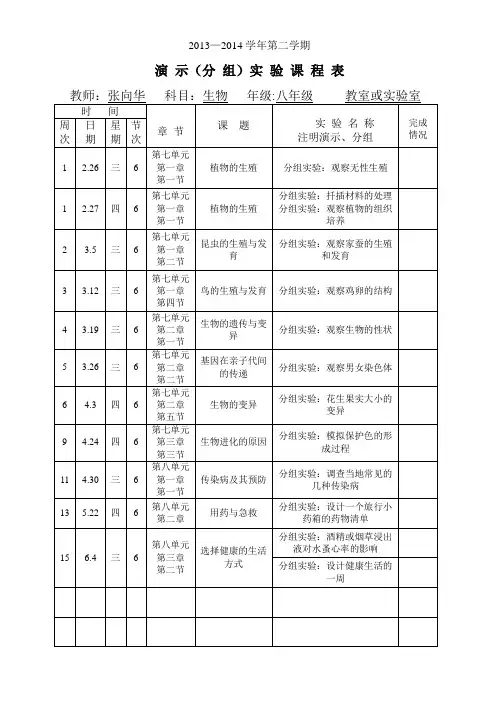 八下生物演 示(分 组)实 验 课 程 表