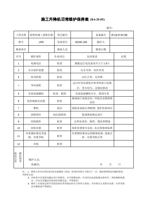 施工电梯日常维护保养记录
