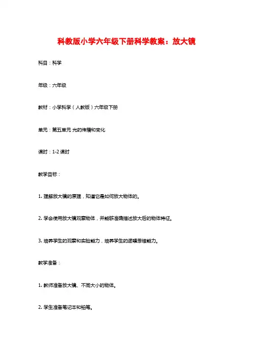 科教版小学六年级下册科学教案：放大镜