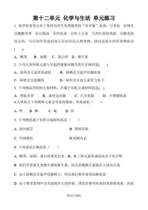 人教版化学九年级下册  第十二单元 化学与生活 单元练习 含答案