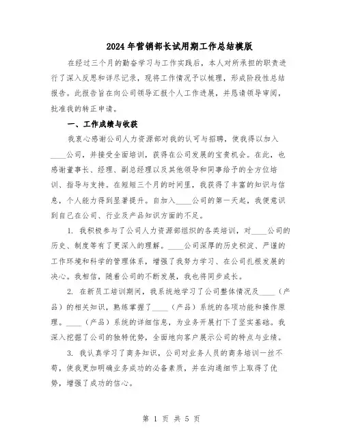 2024年营销部长试用期工作总结模版（3篇）