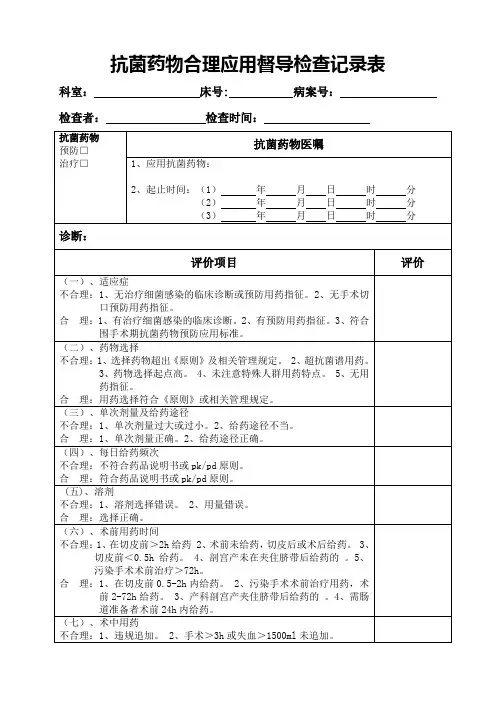 抗菌药物合理应用督导检查记录表