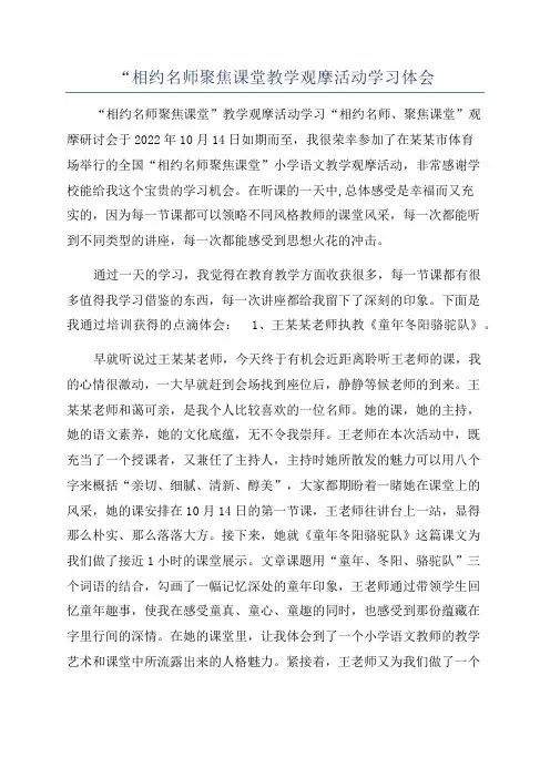 “相约名师聚焦课堂教学观摩活动学习体会