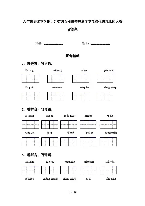 六年级语文下学期小升初综合知识整理复习专项强化练习北师大版含答案