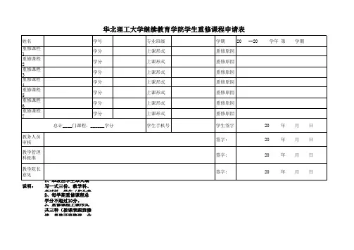 华北理工大学继续教育学院学生重修课程申请表