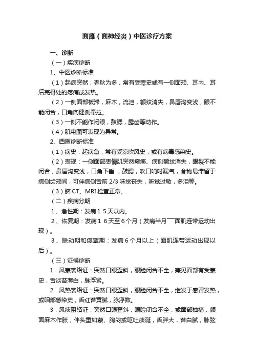 面瘫（面神经炎）中医诊疗方案