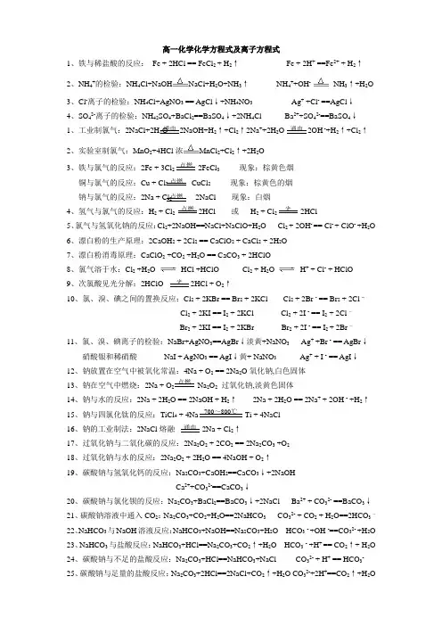 高一必修一化学方程式及离子方程式