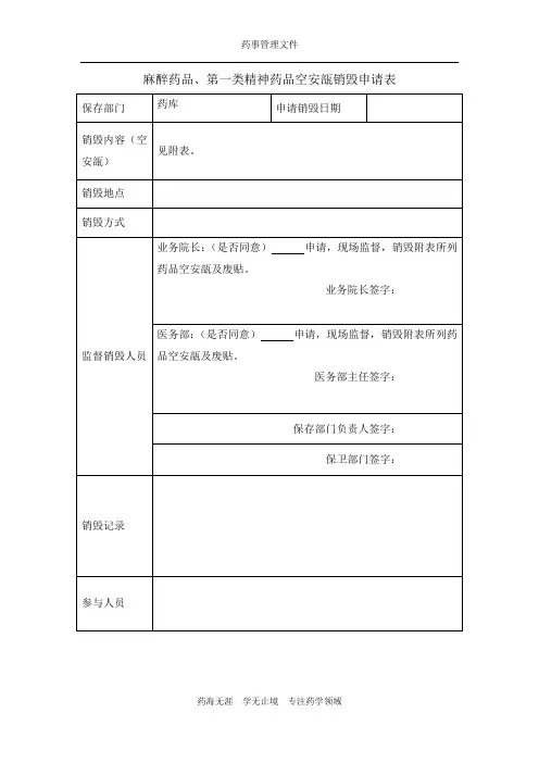 【实用】麻精药品管理-18空安瓿销毁申请表