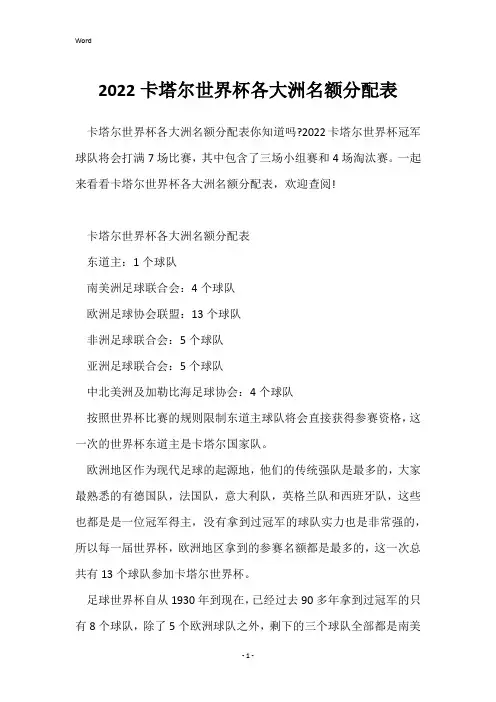 2022卡塔尔世界杯各大洲名额分配表