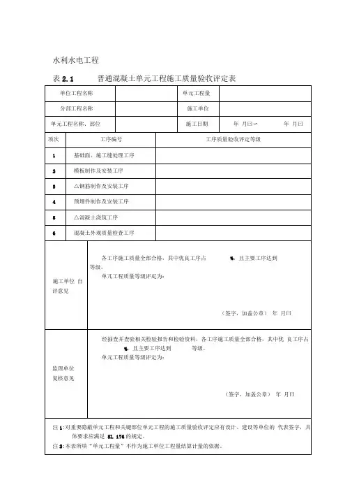 水利水电工程普通混凝土单元工程施工质量验收评定表