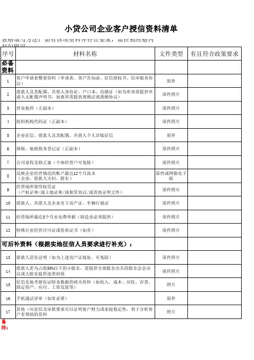 小贷公司企业客户授信资料清单