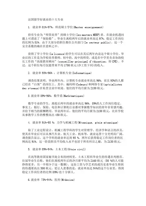 法国留学好就业的十大专业(最新)