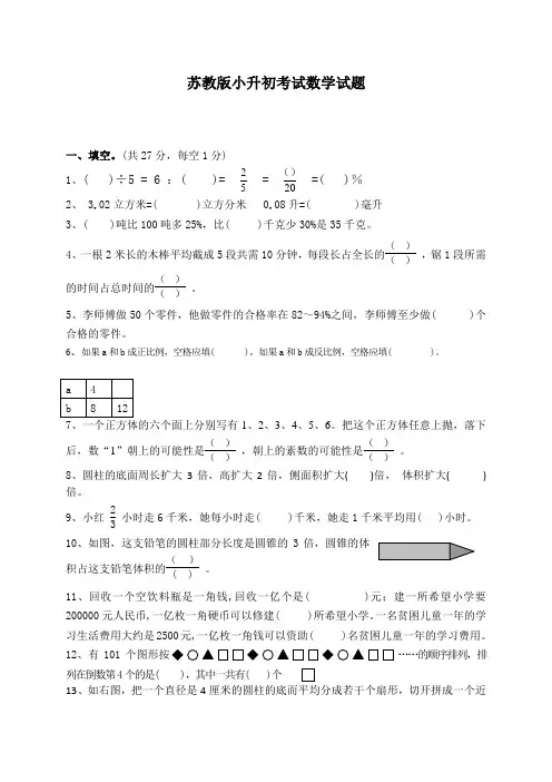 苏教版小升初数学预测试卷含答案解析