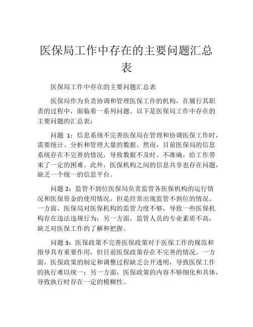 医保局工作中存在的主要问题汇总表