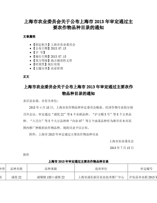 上海市农业委员会关于公布上海市2013年审定通过主要农作物品种目录的通知