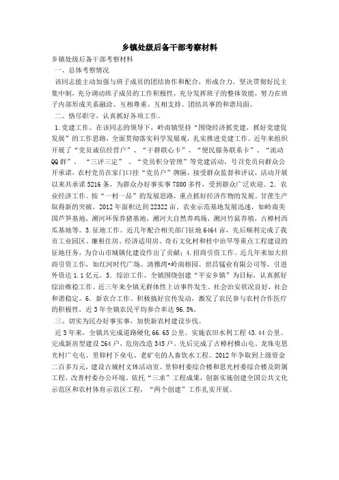 乡镇处级后备干部考察材料