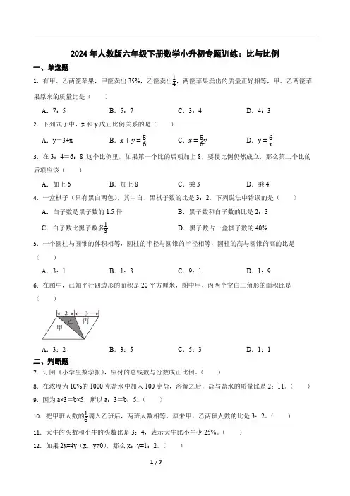 2024年人教版六年级下册数学小升初专题训练：比与比例(含答案)