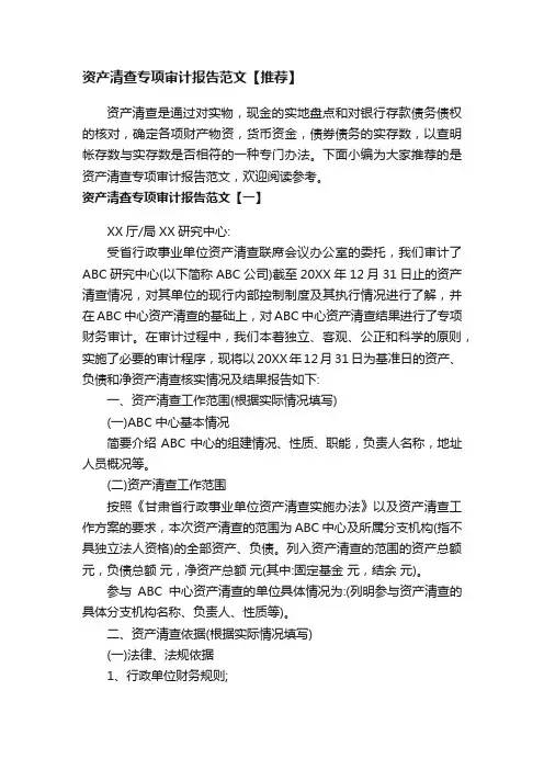 资产清查专项审计报告范文【推荐】