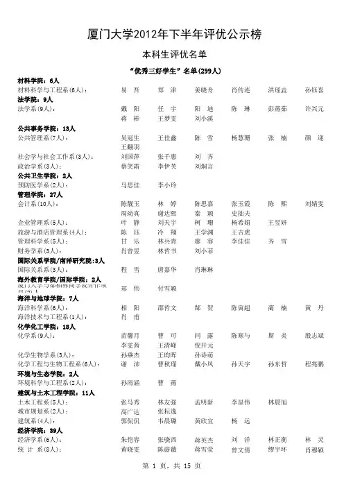 厦门大学2012下半年评奖评优公示榜