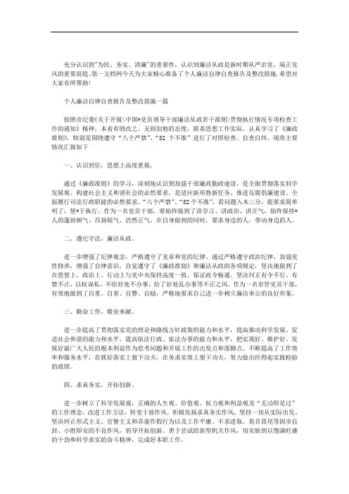 个人廉洁自律自查报告及整改措施三篇