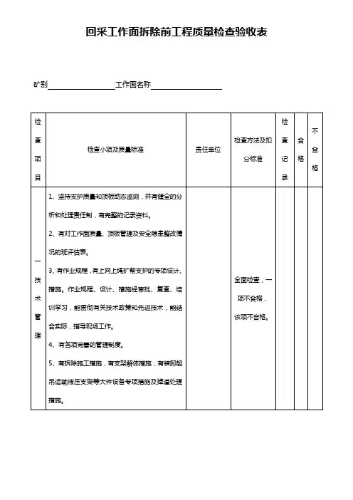 回采工作面拆除前工程质量检查验收表
