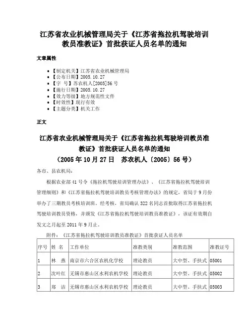 江苏省农业机械管理局关于《江苏省拖拉机驾驶培训教员准教证》首批获证人员名单的通知