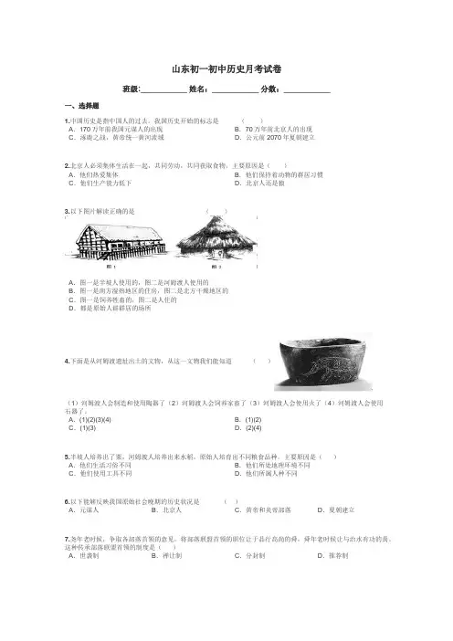 山东初一初中历史月考试卷带答案解析
