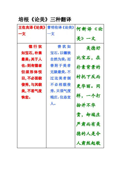 培根《论美》三种翻译表格式