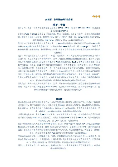 知识篇：各品牌合成机油介绍参考资料
