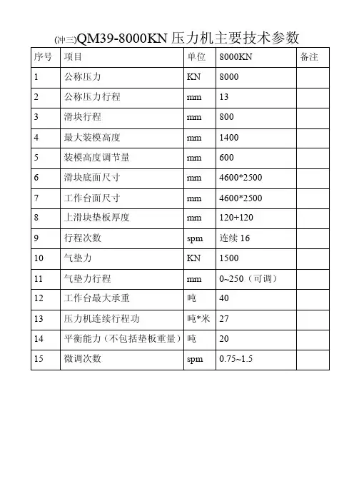 压力机主要技术参数