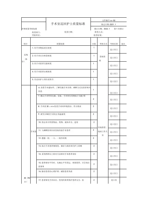 手术室巡回护士护理质量控制考核标准
