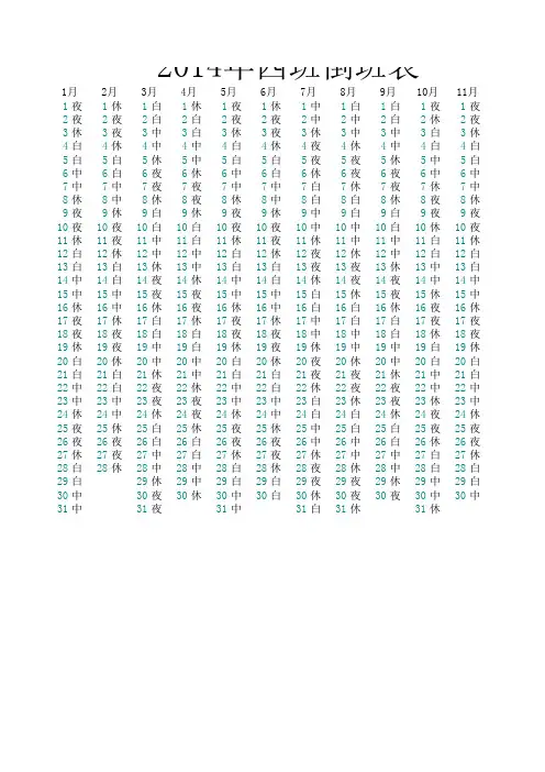 2014年四班倒班表