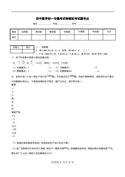 初中数学初一专题考试卷模拟考试题考点.doc