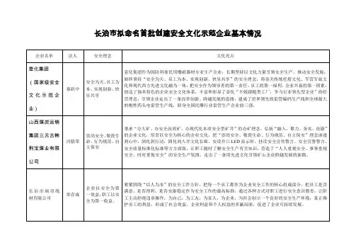 长治市拟命首批创建安全文化示范企业基本情况