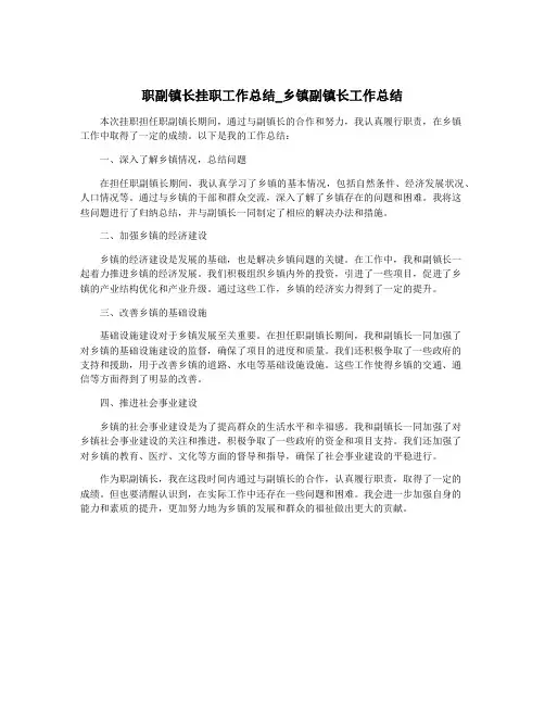 职副镇长挂职工作总结_乡镇副镇长工作总结