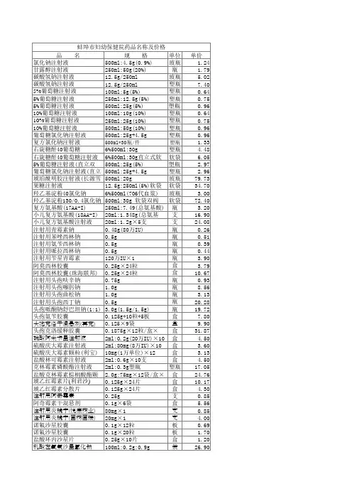 药品名称及价格