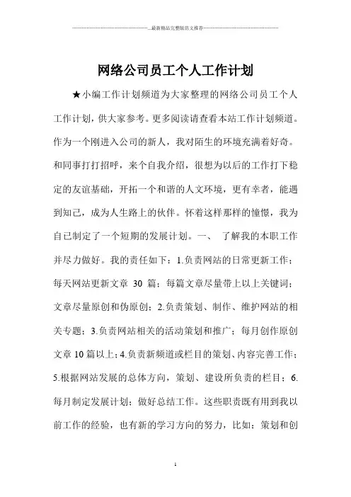 网络公司员工个人精品工作计划