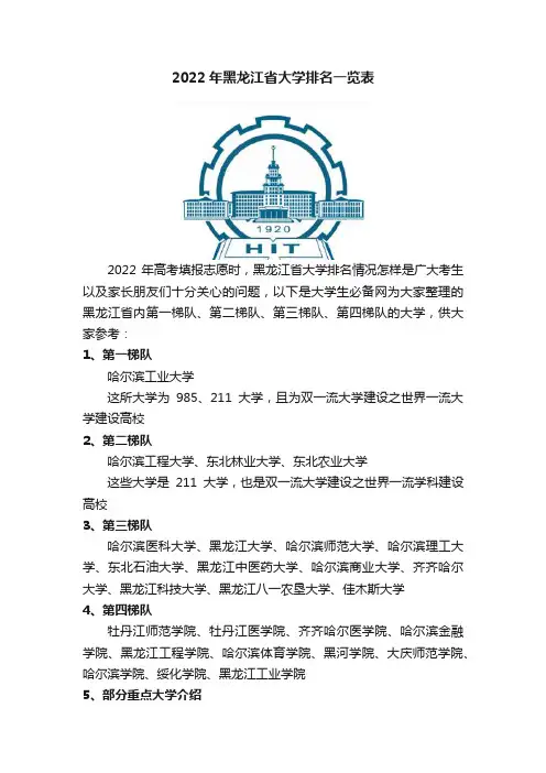 2022年黑龙江省大学排名一览表