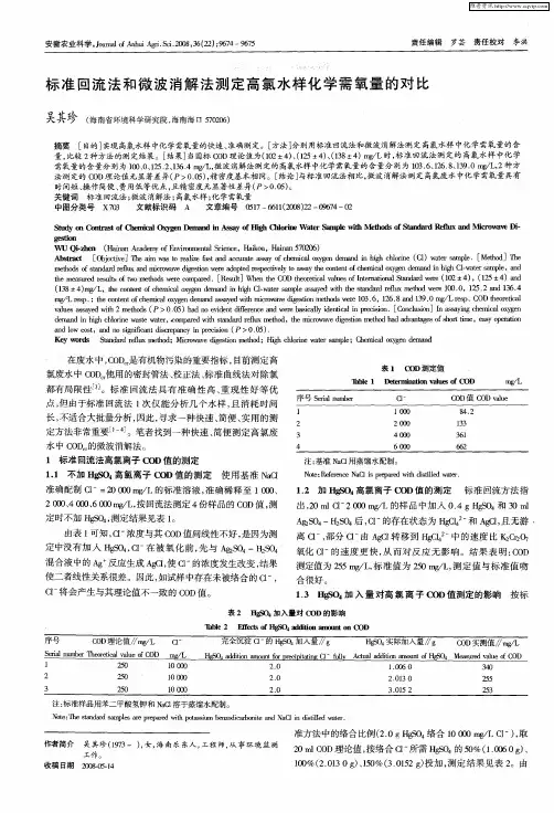 标准回流法和微波消解法测定高氯水样化学需氧量的对比