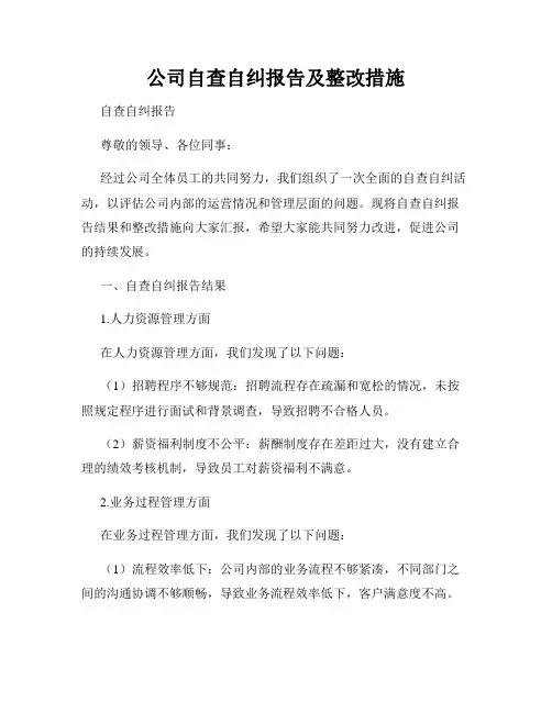 公司自查自纠报告及整改措施