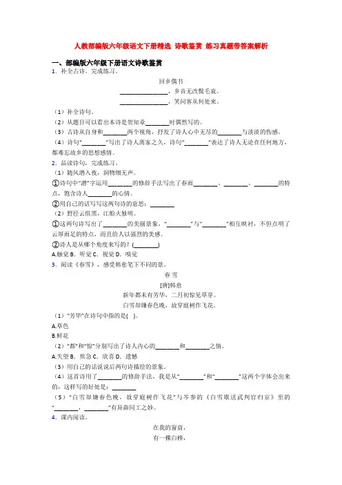 人教部编版六年级语文下册精选 诗歌鉴赏 练习真题带答案解析