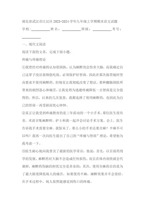 湖北省武汉市江汉区2023-2024学年九年级上学期期末语文试题(含解析)