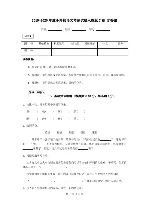 2019-2020年度小升初语文考试试题人教版C卷 含答案